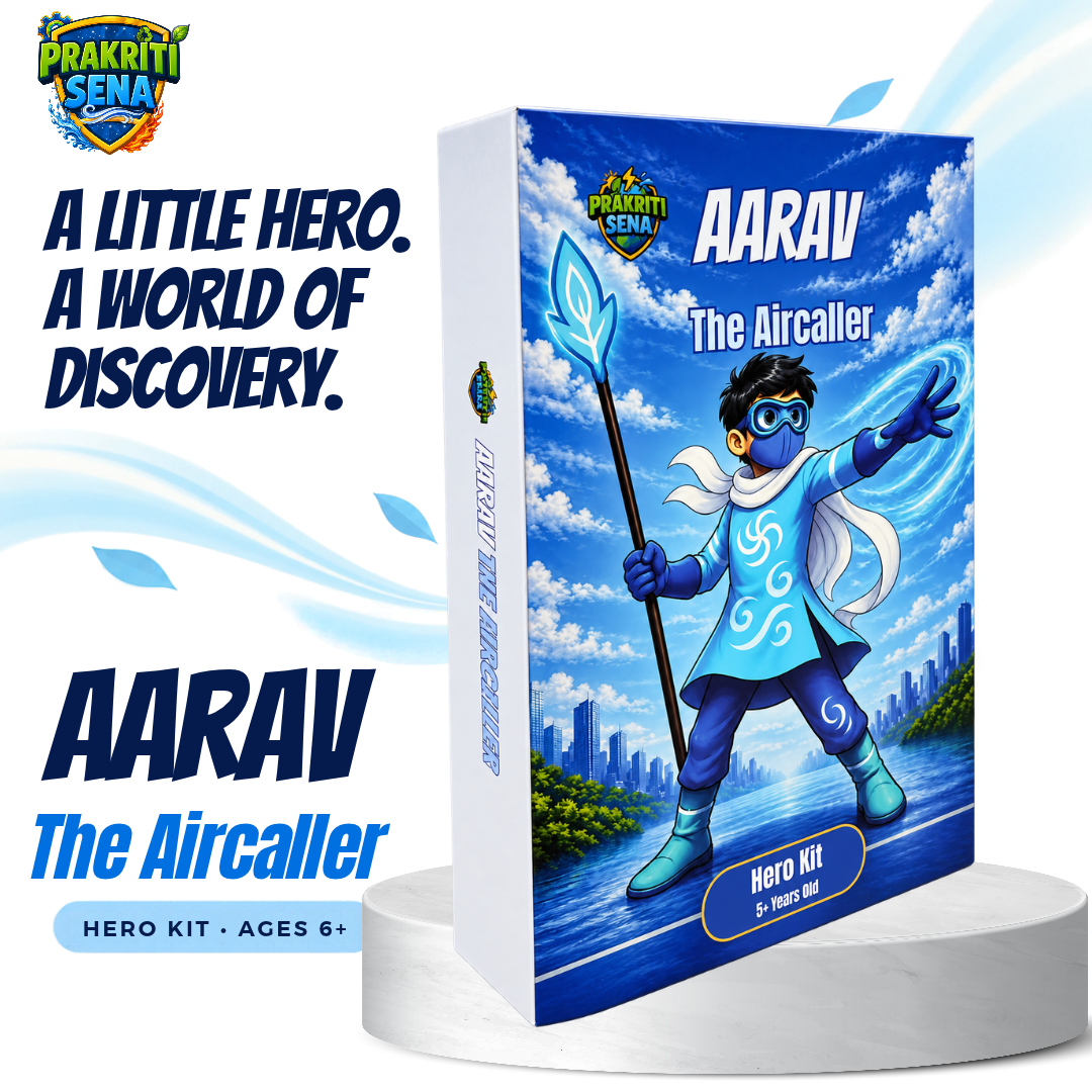 Aarav The Aircaller hero activity kit box on a pedestal with the words a little hero, a world of discovery