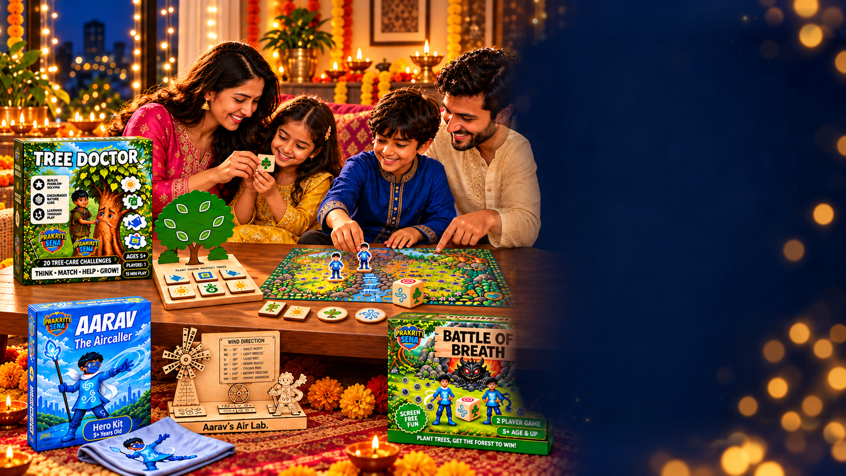 Family enjoying a festive Prakriti Sena game night