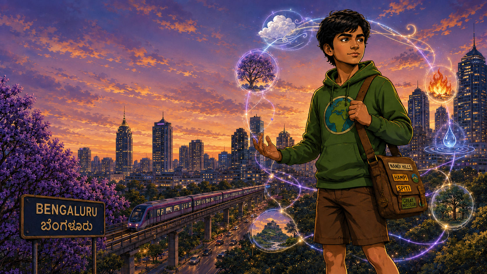 Arth the Explorer and Unifier above the Bengaluru skyline at dusk