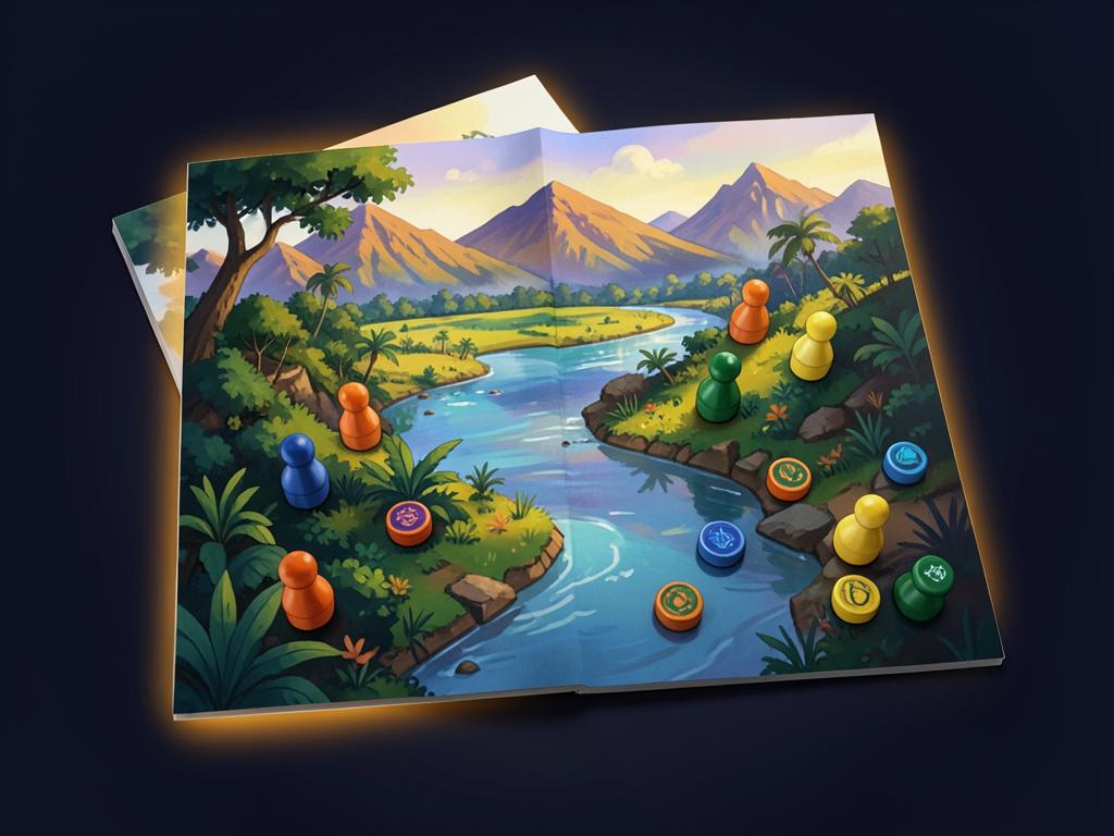 Illustrated board game of an Indian river valley with wooden pawns
