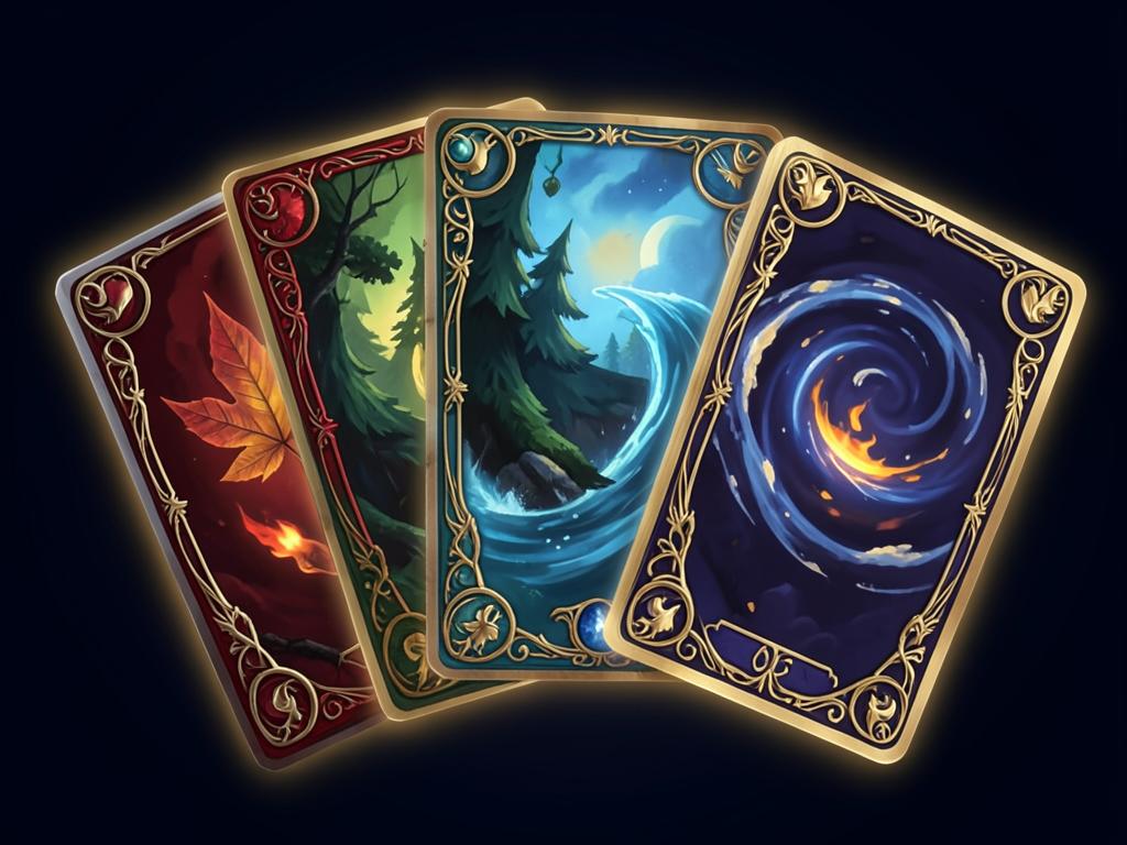 Fanned spread of ornate elemental collectible cards