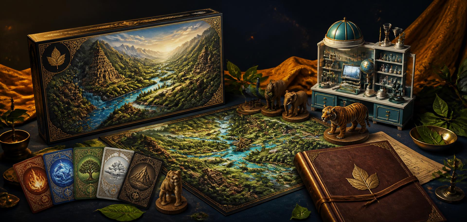 Prakriti Sena board game, elemental cards, mission dossier and activity kit laid out together
